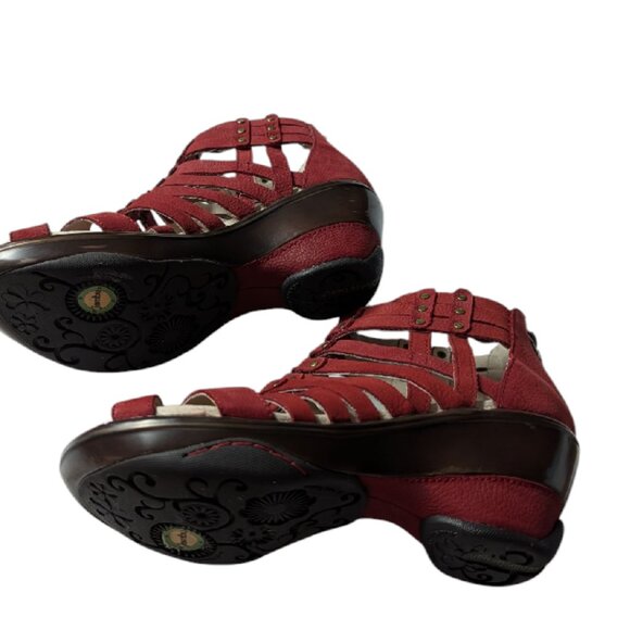 JAMBU Women's Red Leather Sugar Strappy Peep-Toe Back-Zipper Heel Sandals Size 6 - Picture 6 of 8